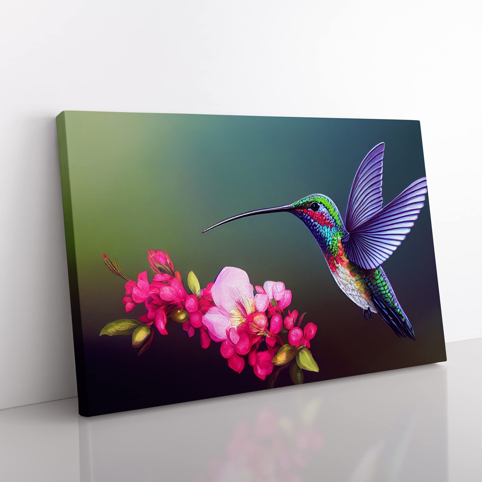 Unreal Floral Hummingbird Canvas Wall Art Print Ready to Hang, Framed Picture for Living Room Bedroom Home Office Décor, 50x35 cm (20x14 Inch)