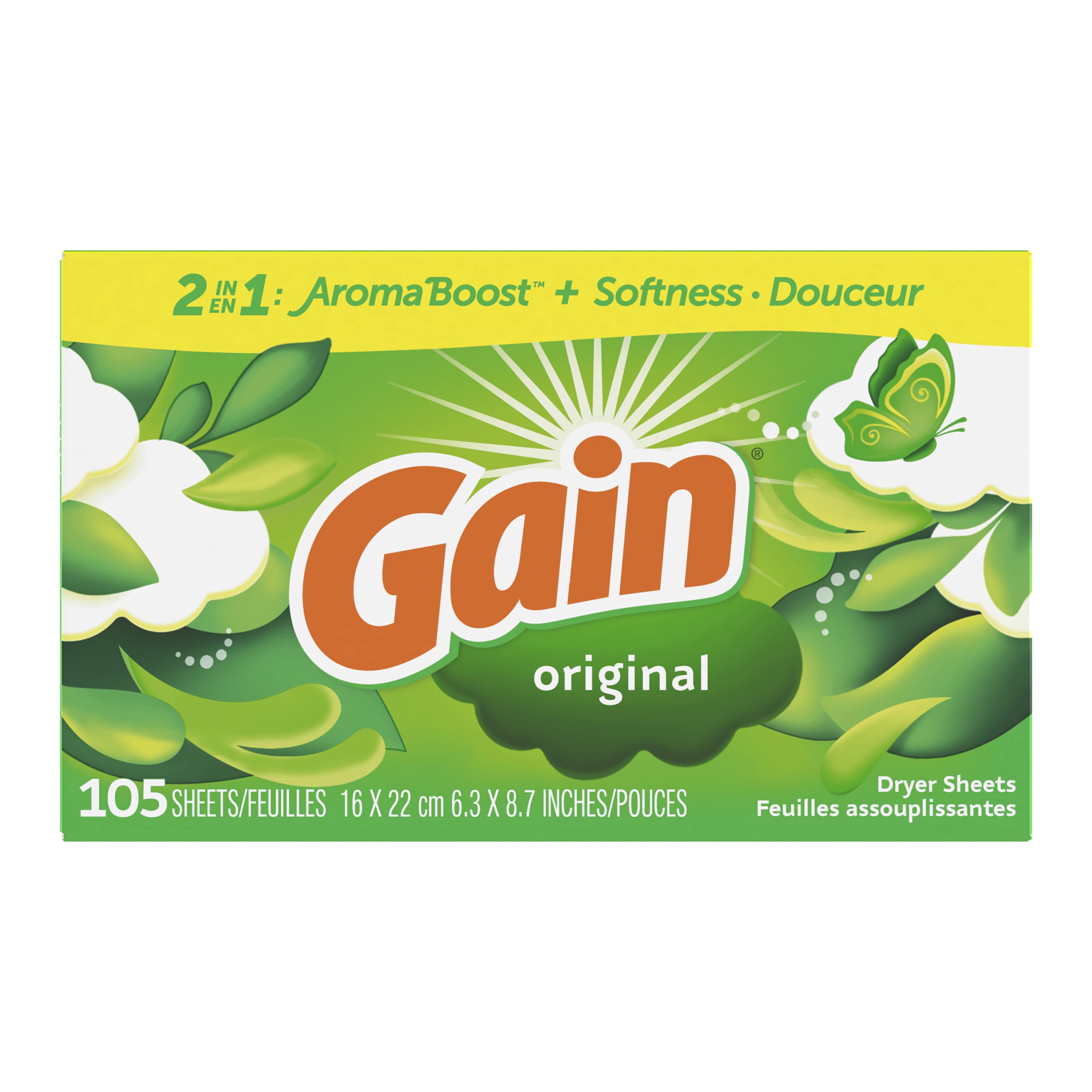 Gain dryer sheets, 105 Count, Original Scent Laundry Fabric Softener Sheets with 2-in-1 Aromaboost Plus Softness