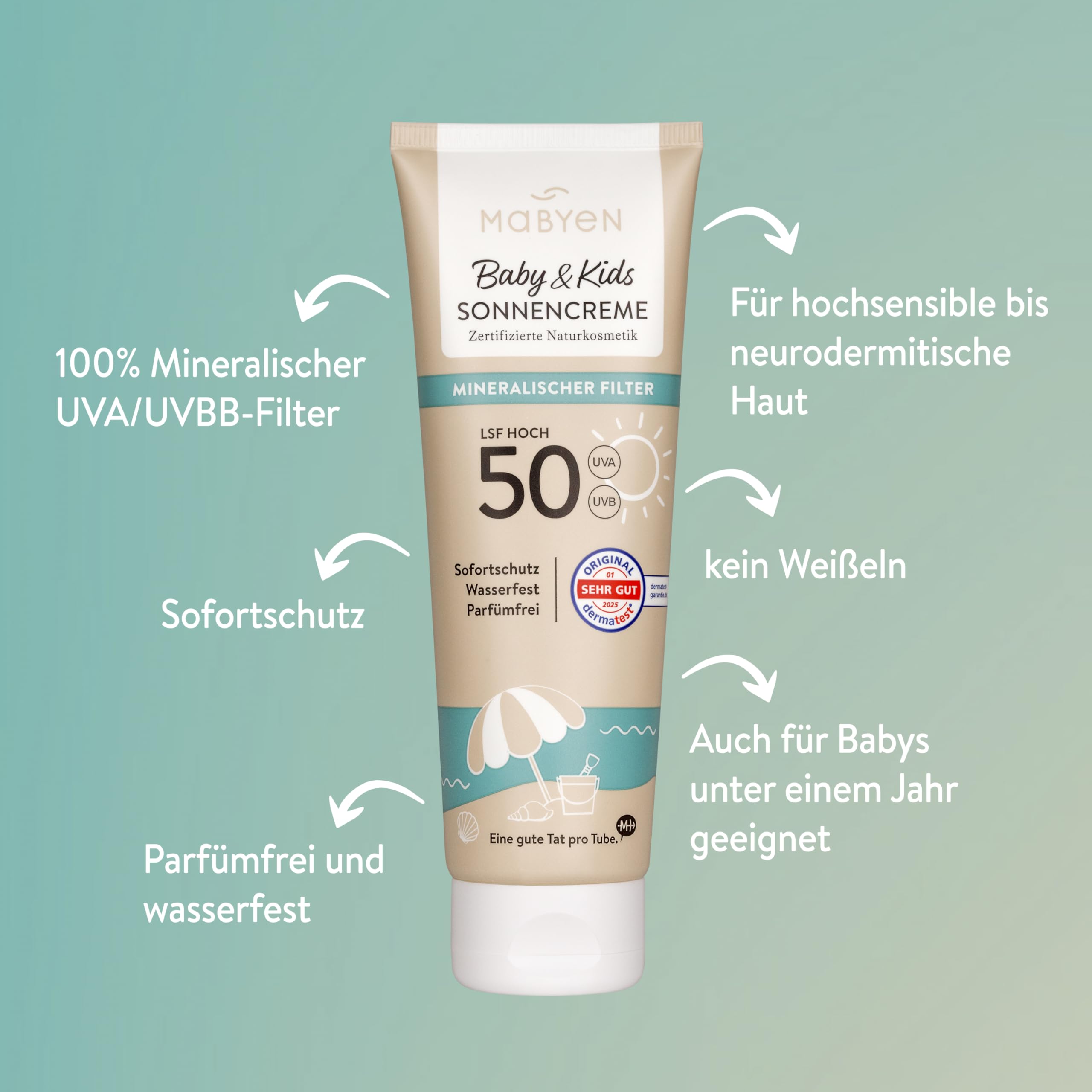MABYEN 100% Mineralische Sonnencreme Baby & Kids LSF 50, 100ml – UVA/UVB-Filter, Kein Weißeln, Sofort-Schutz ohne Einwirkzeit – wasserfest, parfümfreie Naturkosmetik, vegan 4