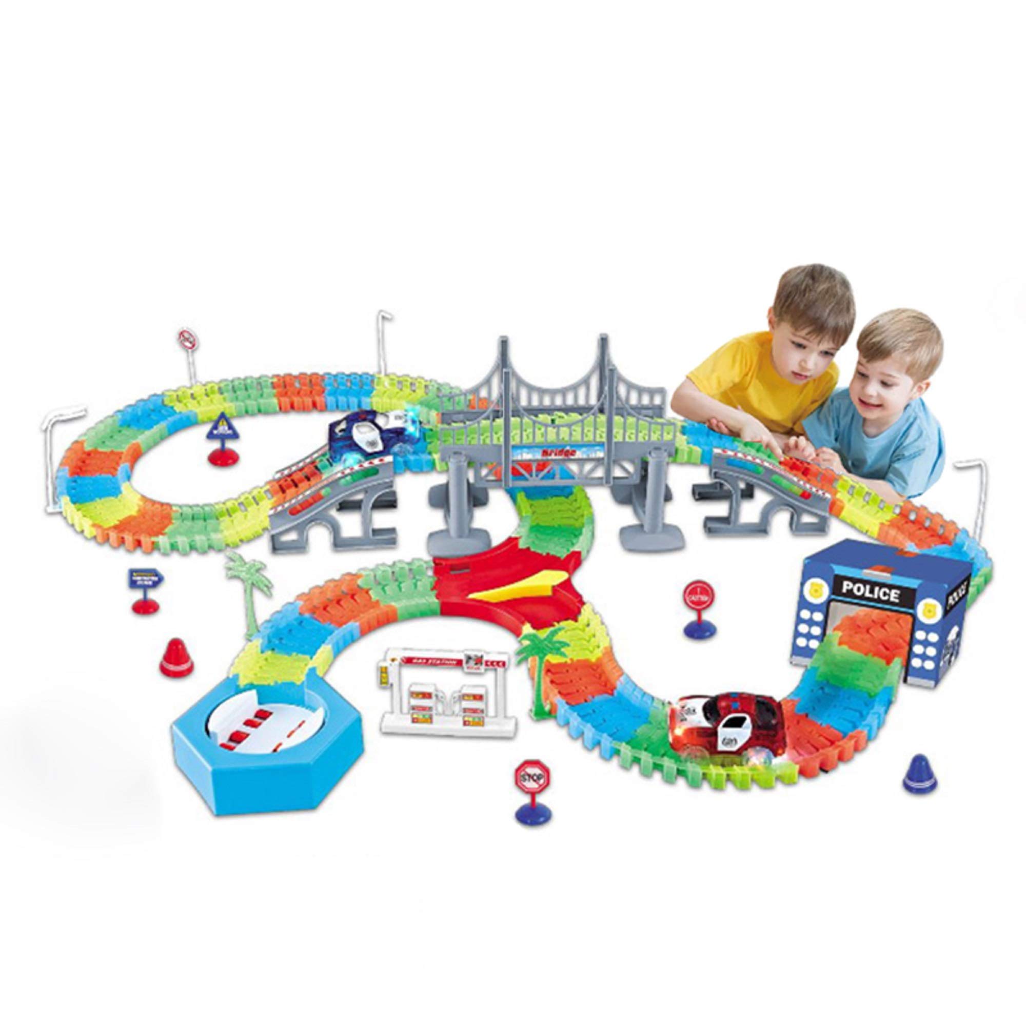 Police Car Luminous Tracks, 235 pieces of Glow in the Dark tracks, with 1 hanging bridge, auto U-turn station, 2-way direction switcher. 2 LED light up cars