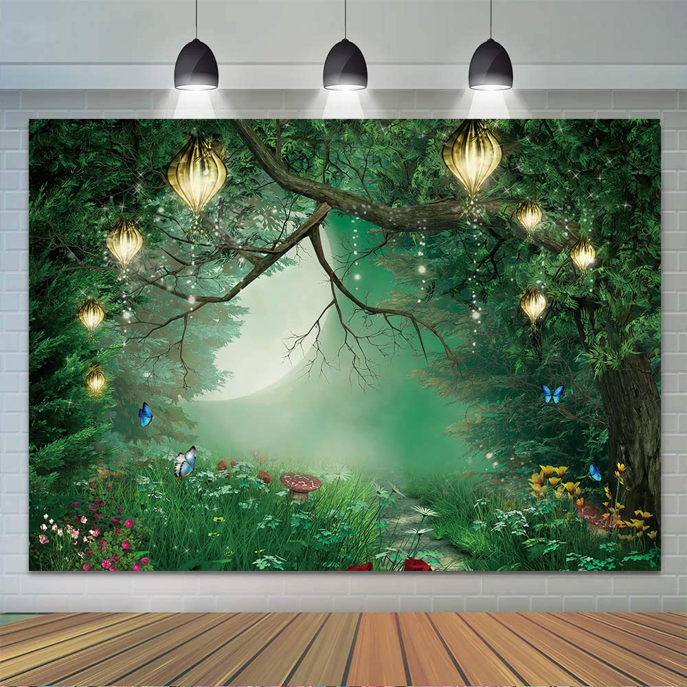 Photo 1 of Spring Enchanted Fairytale Forest Backdrop for Photography Mushroom Wonderland Photo Background for Newborn Baby Shower Photoshoot Children Birthday Party Decorations 5x3ft Banner