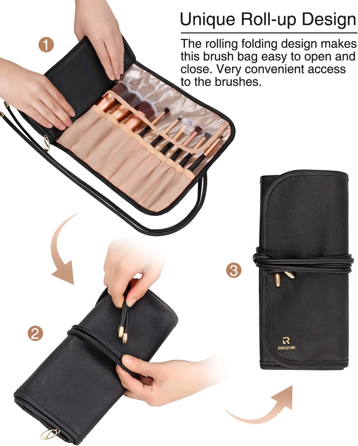Relavel Makeup Brush Rolling Case Makeup Brush Bag Pouch Holder Cosmetic Bag Organizer Travel Portable Cosmetics Brushes Black Leather Case with Small Clear Bag : Beauty