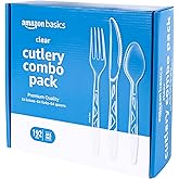 Amazon Basics Disposable Clear Plastic Cutlery Set, Premium Quality, Strong, 192 Count, Large Combo Pack Forks, Spoons and Knives