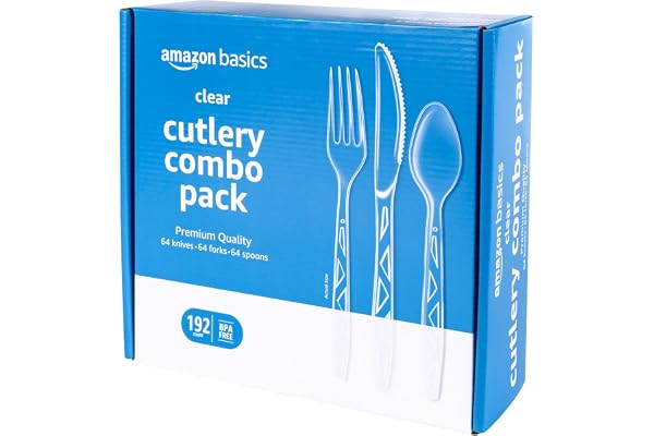 Amazon Basics Disposable Clear Plastic Cutlery Set, Premium Quality, Strong, 192 Count, Large Combo Pack Forks, Spoons and Knives