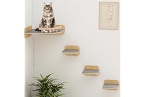 Megidok Cat Wall Furniture - Corner Climbing Shelf with 3 Wide Steps, Modern Floating Stairs for Indoor Cats up to 30 Lbs - Wood Color