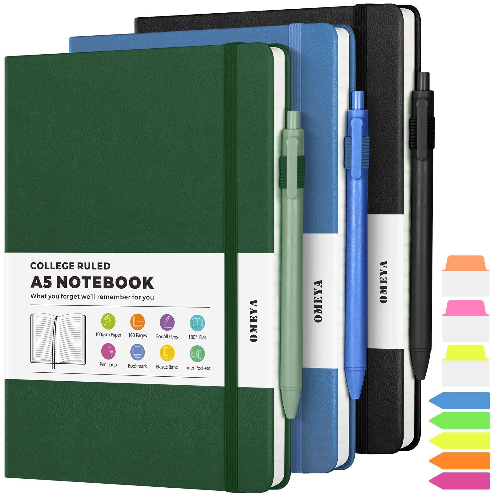 Photo 1 of Lined Journal Notebook, 3 Pack A5 College Ruled Notebooks for Work, Hardcover Notebook Each with 2 Pockets & Pen, Leather Journal for Women, Men, 160 Pages, 100GSM Thick Paper (Blue, Black, Green)