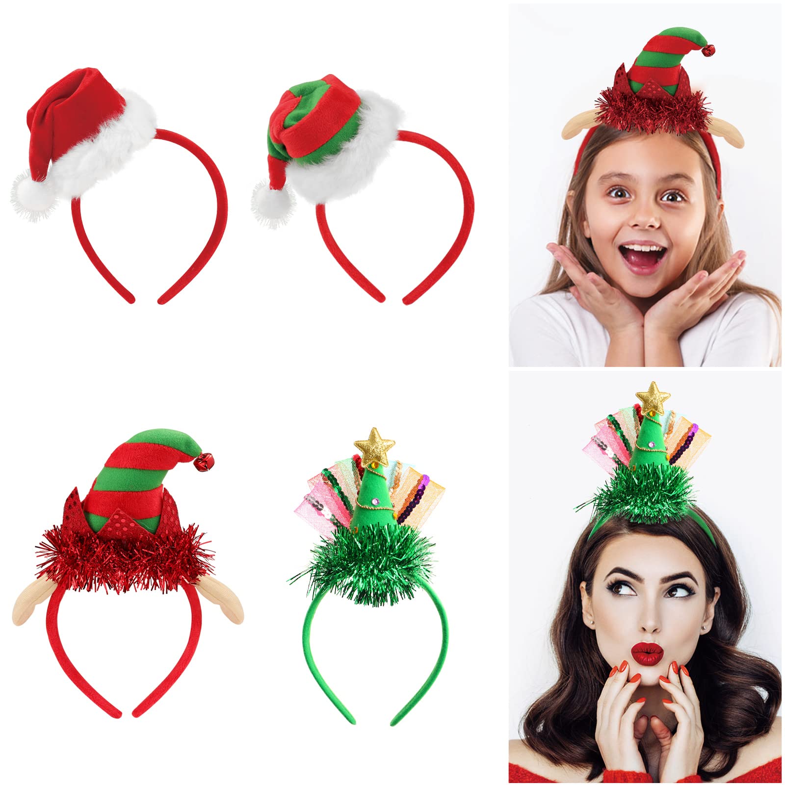 FRCOLOR 4PCS Christmas Headband Santa Hat Christmas Tree Headband Hat for Adult Children s Costumes Accessory