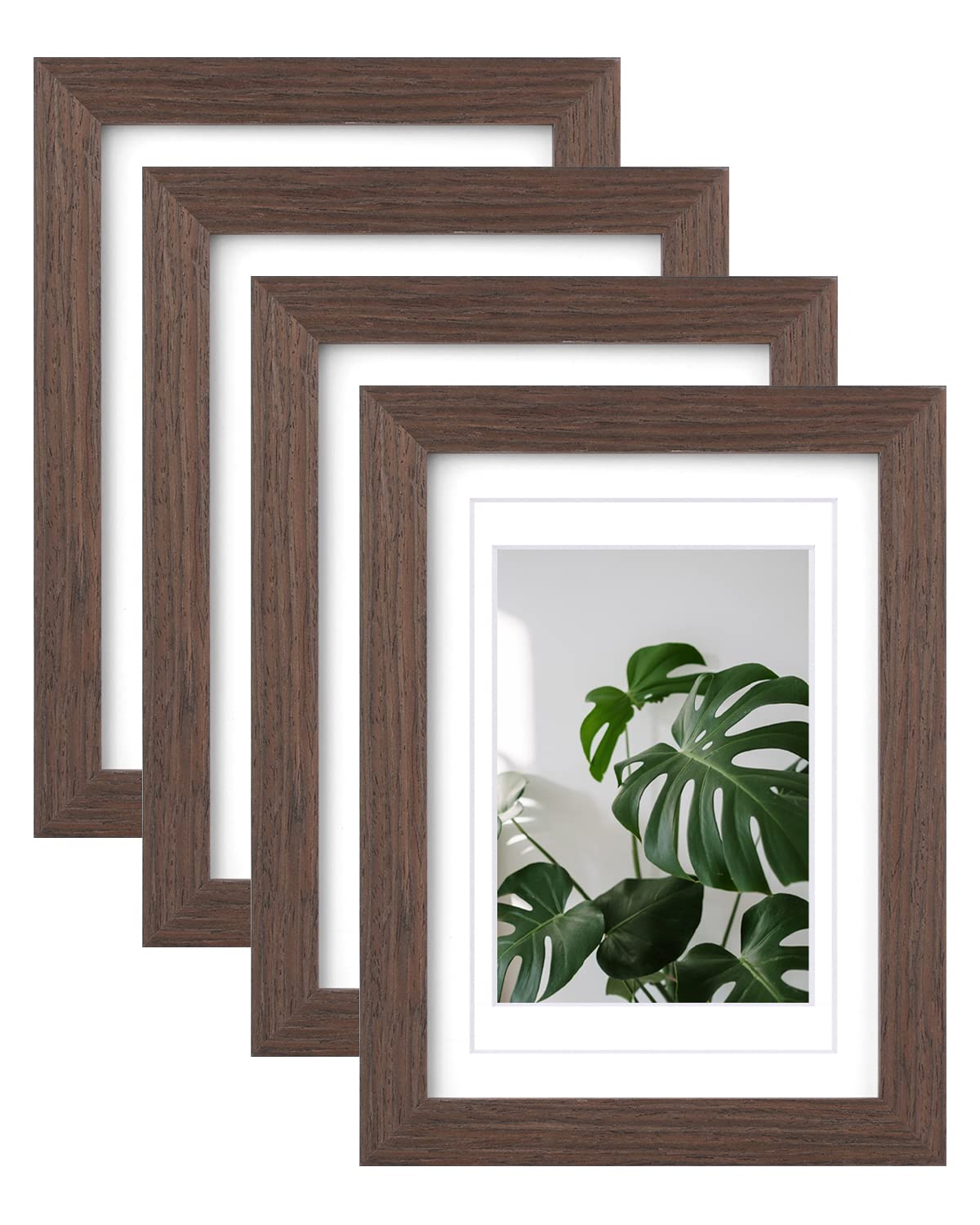 EGOFINE 7x5 Picture Frame Made of Solid Wood with Plexiglass Set of 4, Display Pictures 4x6 with Mat or 5x7 Without Mat for Tabletop and Wall Mounting, Rustic Brown