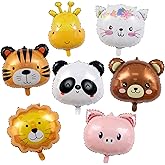 7 Pcs Animal Foil Balloons Set - Cute Bear Cat Giraffe Tiger Panda Pig Lion Head Balloons for Birthday Party Baby Shower Decorations, Jungle Safari Zoo Theme Wild One Celebration