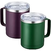 MEWAY 12oz Coffee Mug With Handle 2 Pack Bulk,Stainless Steel Insulated Travel Tumblers With Sliding Lid,Double Wall Vacuum Camping Cup for Hot & Cold Drinks Tea (Forest Green&Plum,Set of 2)