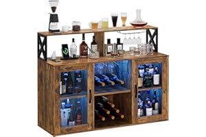 Curtainboro Wine Bar Cabinet, Farmhouse Liquor Cabinet with Led Light and Power Outlets, Bar Cabinet for Home with Wine Racks and Glass Holder for Kitchen, Dining Room, Living Room, Brown