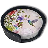 Hummingbirds Bird Flower Coasters for Drinks with Holder Leather Coasters Set of 6 Table Decor Protect Furniture from Water Marks Scratch and Damage