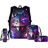Upetstory Galaxy Wolf Backpack for Girls Boys Kids School Bag Set Elementary Kindergarten Preschool Bookbag Middle School Students Bags with Lunch Bag Pencil Case Water Bottle Sleeve