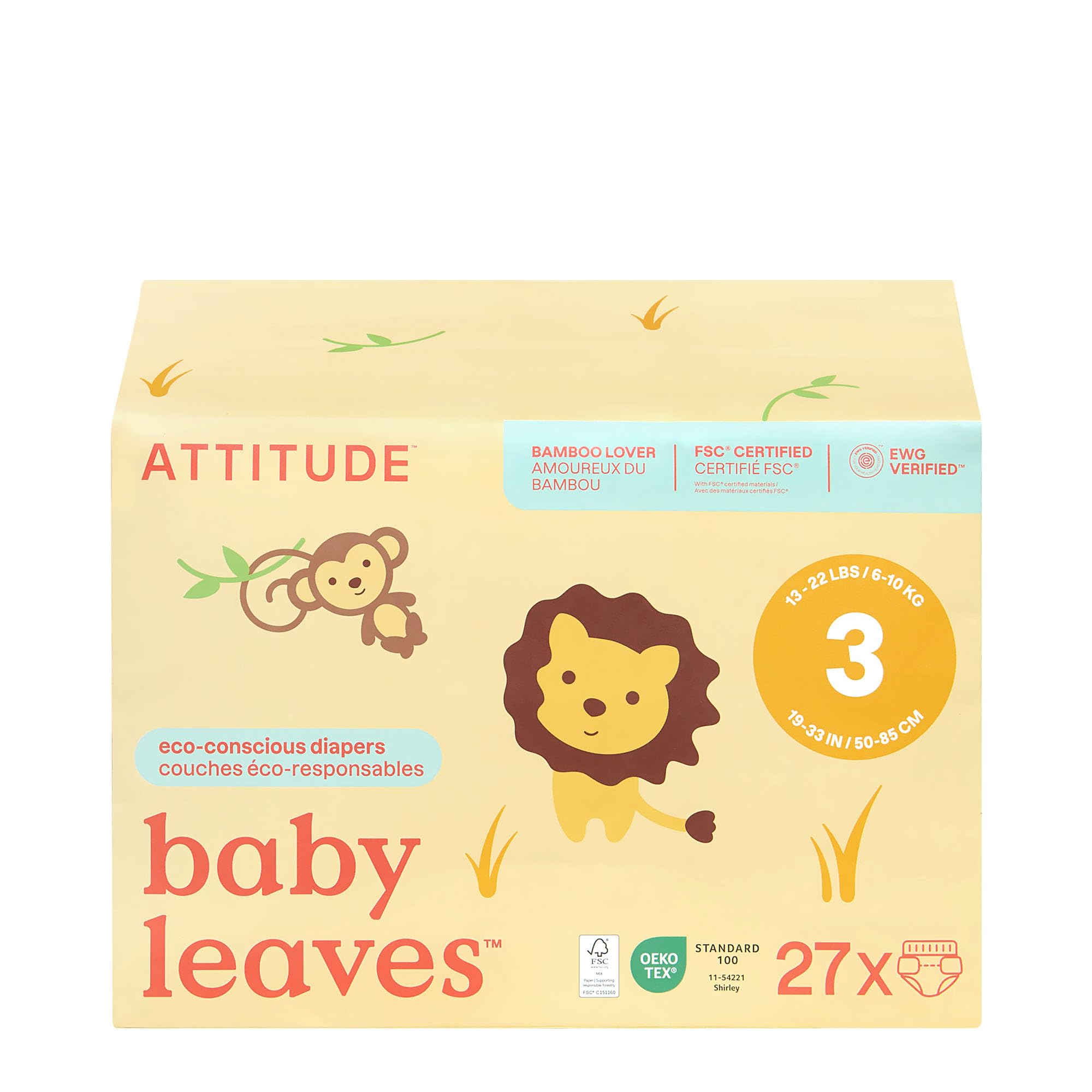 Photo 1 of ATTITUDE Eco-Conscious Disposable Diapers, EWG Verified, Size 3 (13-22 lbs), Ultra Absorbent for Baby, Vegan & Plant-Based, 27 Count