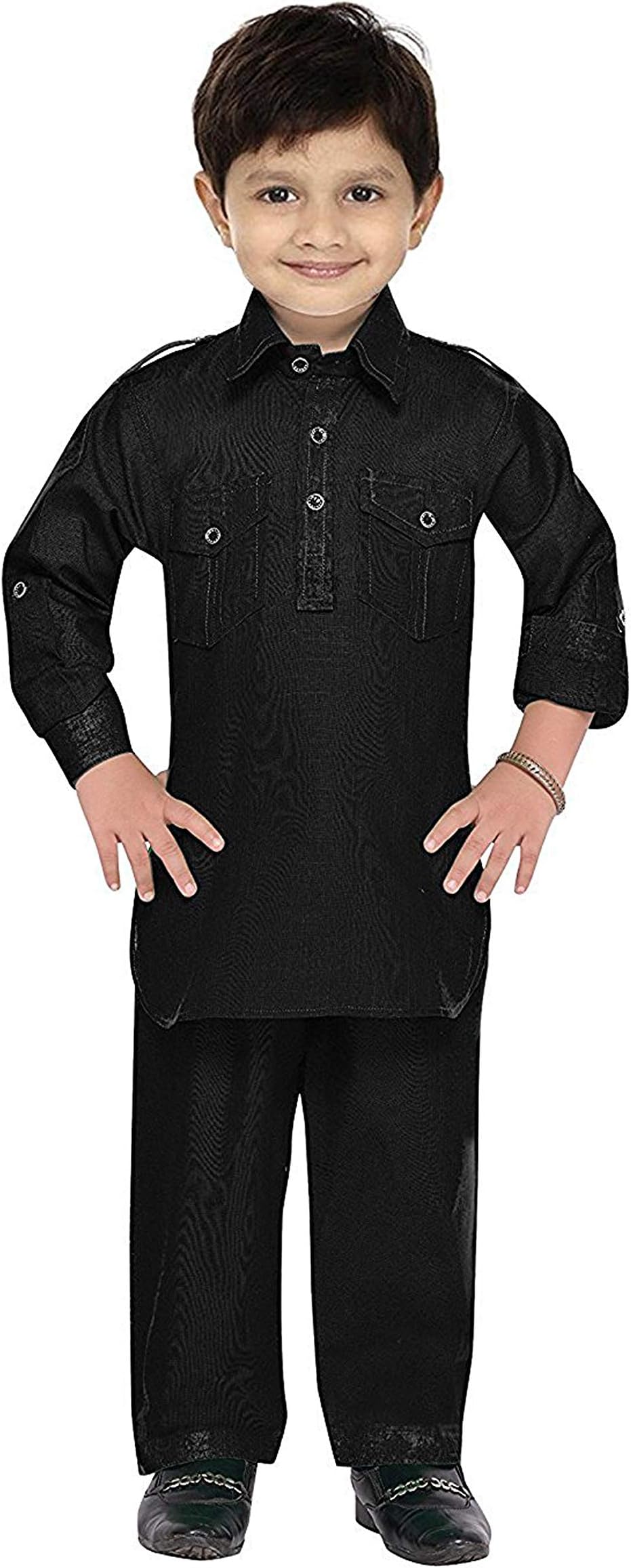 FOCILBlack Cotton Blend Pathani Kurta with Salwar for Boys (3-4 Years)