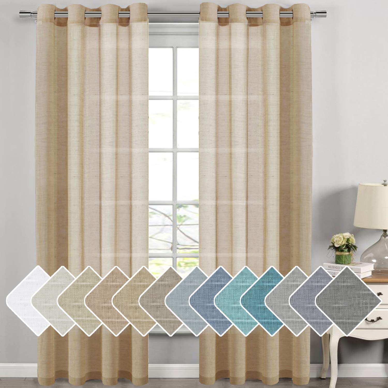Photo 1 of H.VERSAILTEX Linen Curtains Flax Linen Blended Curtain Panels for Living Room/Bedroom Semi Sheer Privacy Curtains 108 inch Length 2 Panels Set Nickel Grommet Window Drapes (52 by 108 Inch, Taffy)