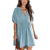 Minclouse Women's Babydoll Short Sleeve Tunic Dress V Neck Cute Casual Loose Dresses
