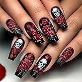 Halloween Press on Nails Coffin Shaped Fake Nails Black Medium Acrylic Glue on Nail Floral Gloss False Nails with Red Rose Skull Designs Horror Artificial Stick on Nail for Women Girls 24PCS