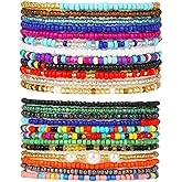 KIFEDSLJ 24Pcs Colorful Beaded Anklets Boho Handmade Beaded African Anklets Multicolor Seed Beads Stretch Ankle Bracelets for Women Elastic Foot and Hand Chain Jewelry