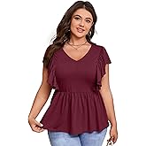 Womens Plus Size Peplum Summer Tops Short Sleeve Casual Blouse Ruffle V Neck T Shirts