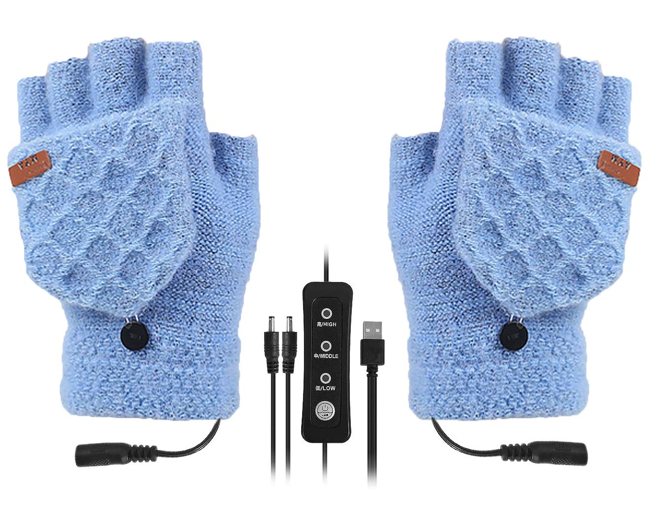 SoulQool Unisex Adjustable Temperature USB Heated Gloves,Knitted Washable Half & Full Fingers Warmer Laptop Gloves Winter Mittens with 3 Temperature Levels
