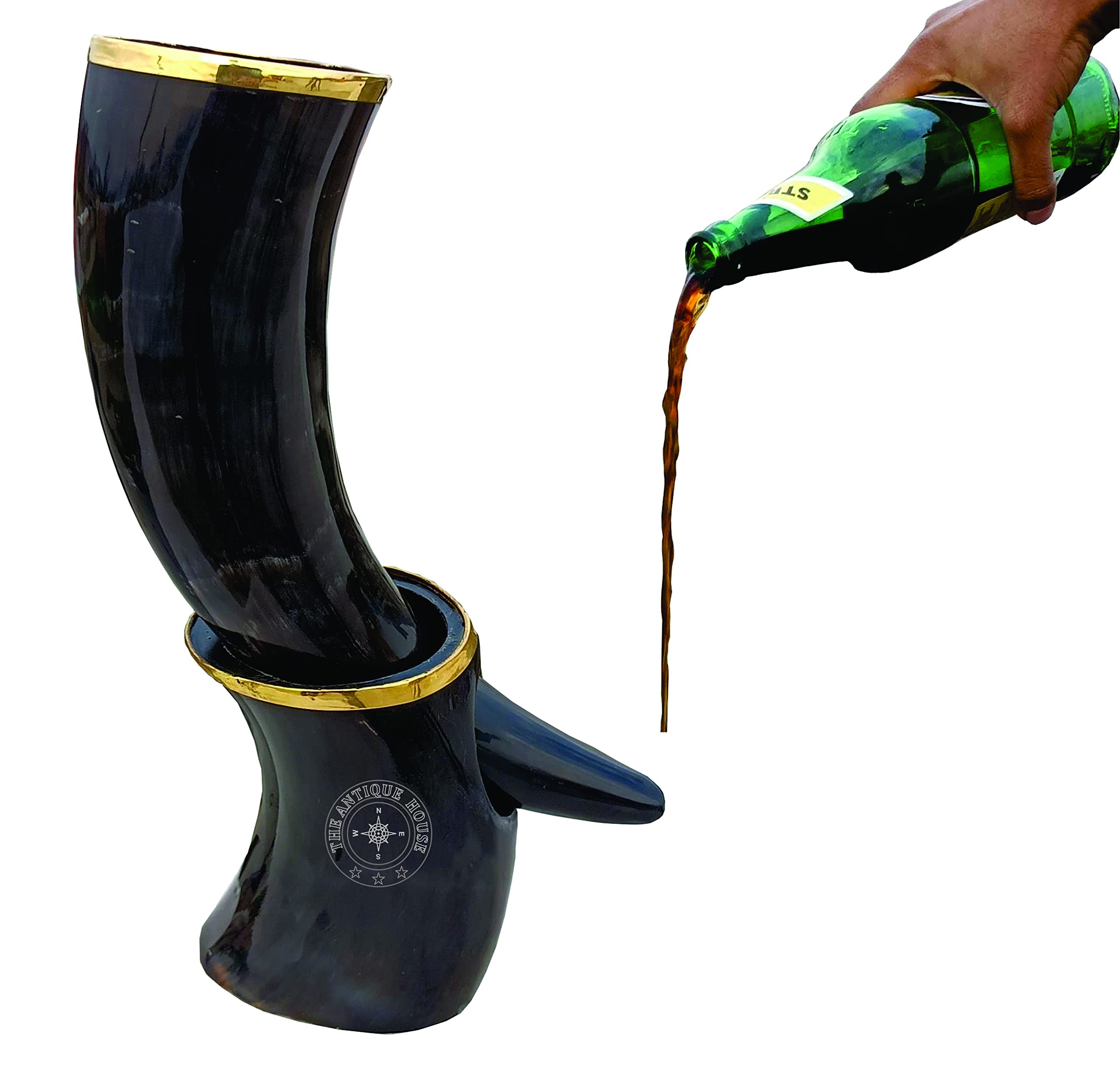 THE ANTIQUE HOUSE Natural Viking Drinking Horn Mug with Stand Double Brass Trim Viking Style Beer Wine Mead Mug