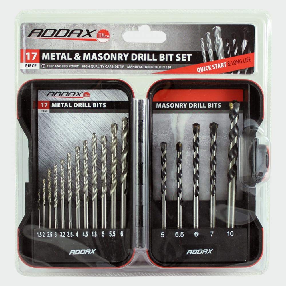 TIMCO Ground Jobber & Masonry Drill Set - A mixed selection of 12 HSS Ground Metal Drills and 5 carbide tipped Masonry Drills - Sold in a robust weatherproof case - 17pc.