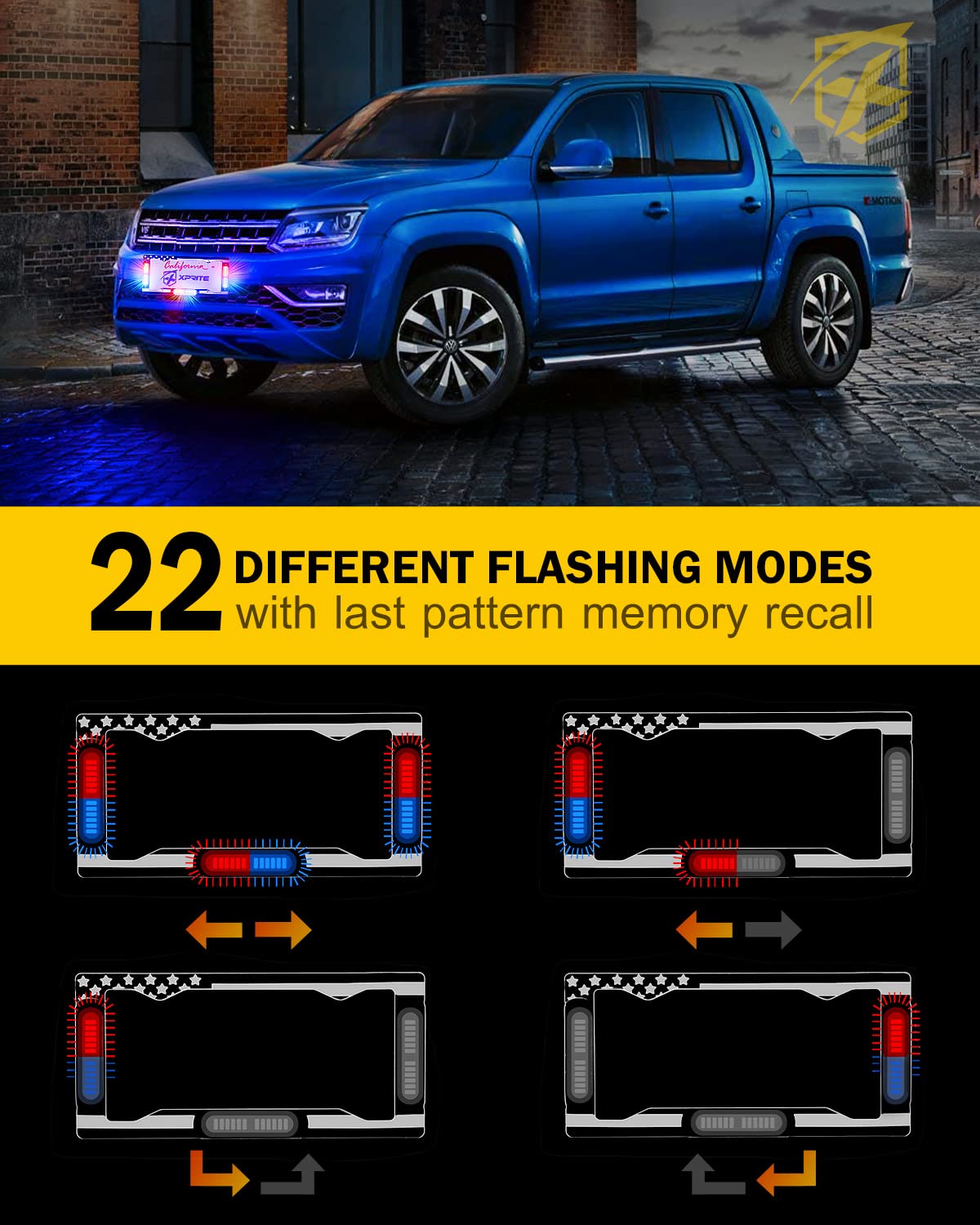 Xprite 36 LED License Plate Strobe Light, US Flag Front/Rear Police Light, 22 Flash Modes Emergency Safety Warning LED License Frame for Police Car Vehicle Truck, Red Blue (w/Pre-Installed 9FT Cable)