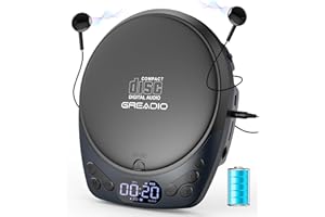 GREADIO Portable CD Player with Headphones, Rechargeable Discman CD Player for Car & Home, Small CD Players Portable with 60s Anti-Skip, Supports CD/MP3/WMA/TF Card/AUX, Backlit/Lock/Programmable/Timer