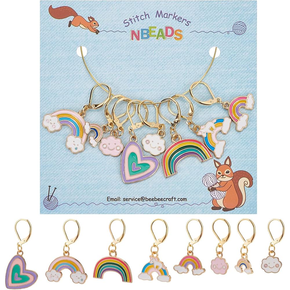 NBEADS 8 Pcs Rainbow Heart Stitch Markers, 8 Styles Enamel Alloy Crochet Stitch Marker Charms Removable Dangle Locking Stitch Marker for Knitting Weaving Sewing Accessories Quilting Handmade Jewelry