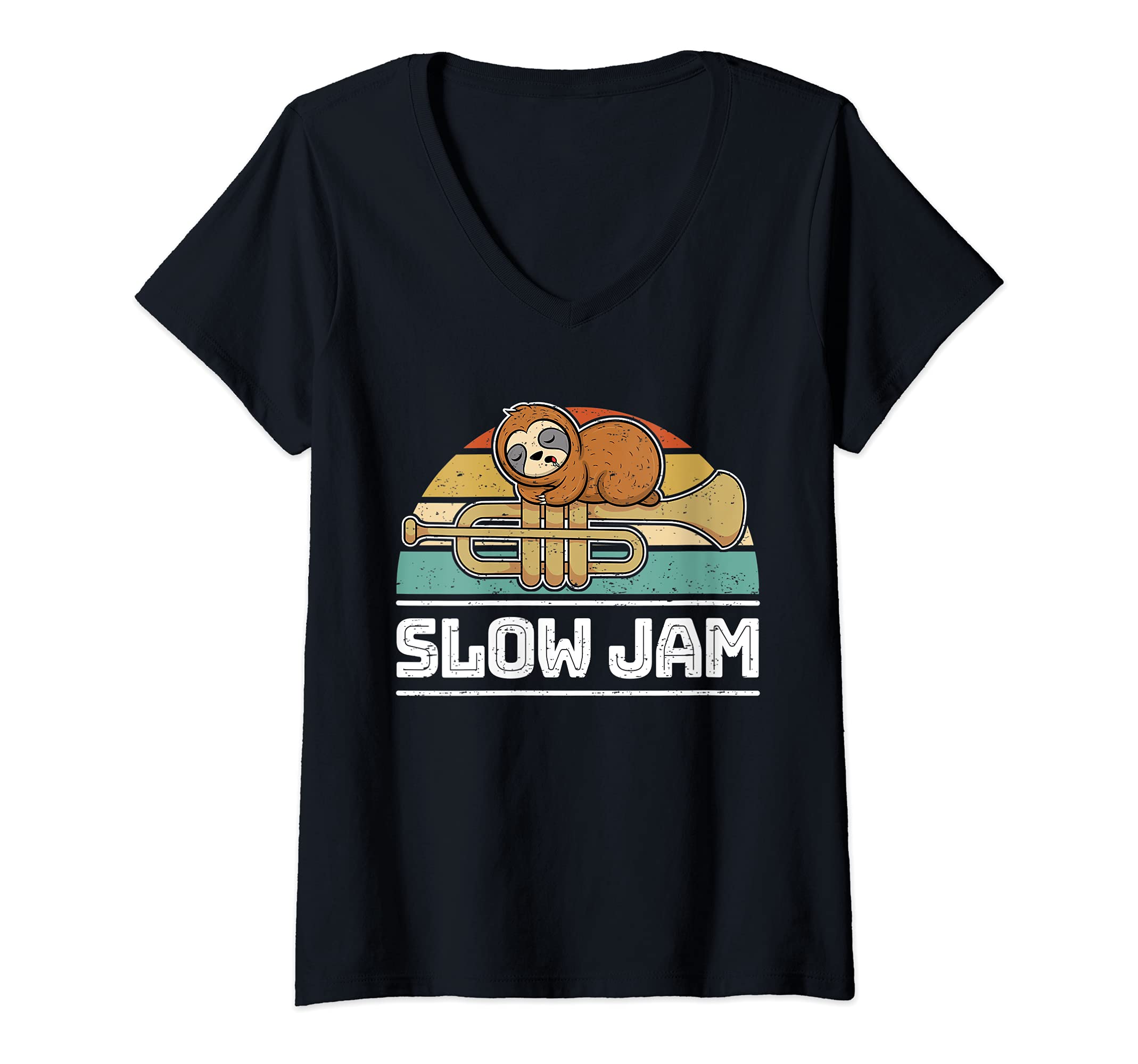 Womens Fun Trumpet Player Saying Sleeping Sloth Trumpeter Slow Jam V-Neck T-Shirt