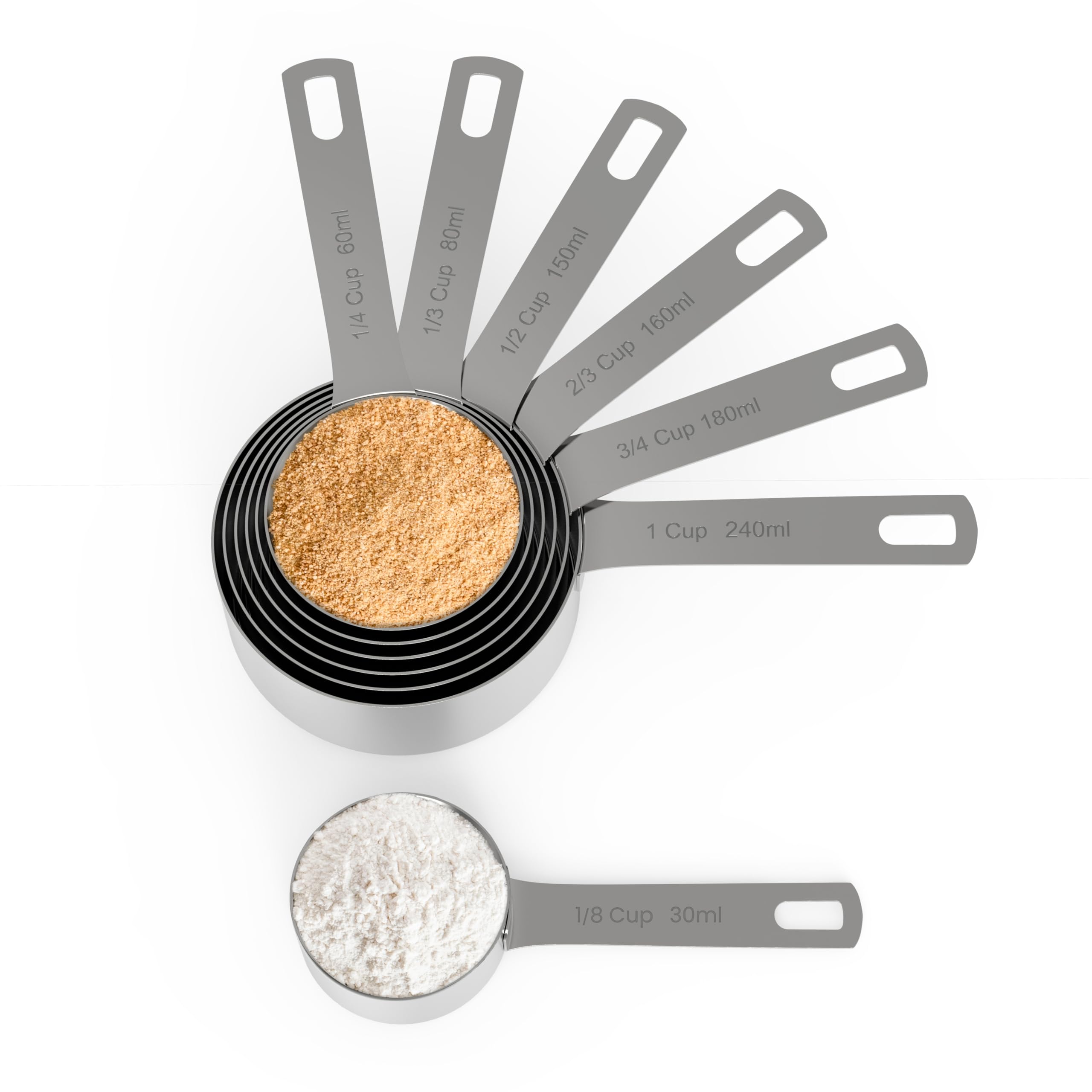 Chef Pomodoro Stainless Steel Measuring Cups, 7-Piece Set, Sturdy Long Handles, Nesting and Stackable, Metal Kitchen Spoons for Wet and Dry Ingredients