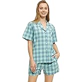 HiddenValor Women's 2 Piece Cotton Pajama Set, Short Sleeve Button Down Sleepwear Shorts Lounge Sets With Pockets
