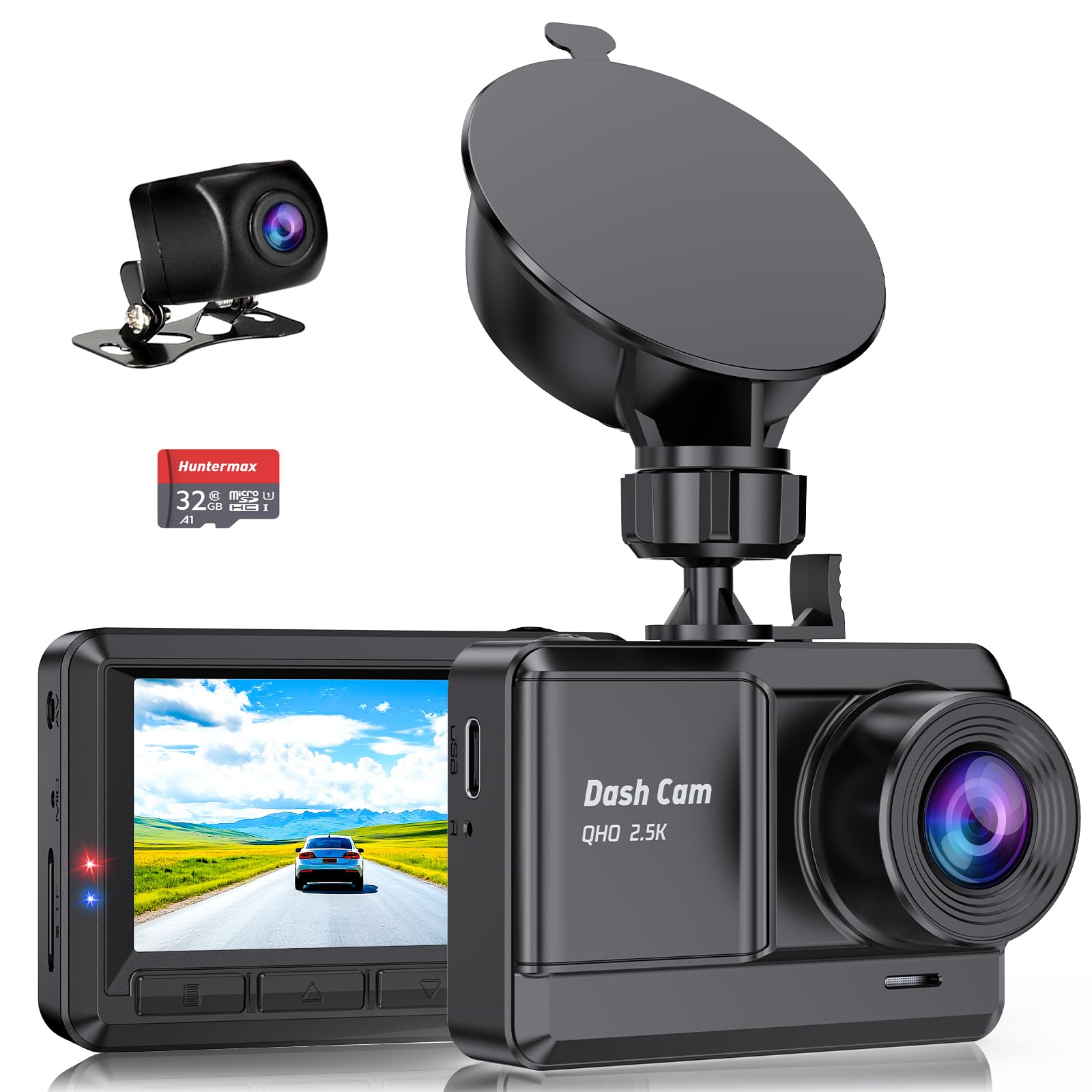 Photo 1 of 2.5K+1080P Mini Dash Cam Front and Rear, Dash Camera for Cars with 32GB SD Card, 2.45 inch IPS Screen, 2 Mounting Ways, Night Vision, WDR, G-Sensor Lock, Loop Recording, Parking Monitor, Black