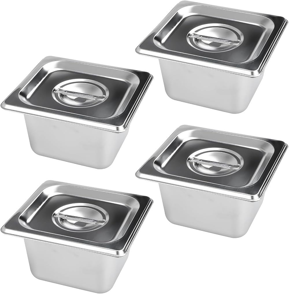 YAYODS 4Pcs Gastronorm Pan 1/6 with Lid 176x162x100mm Stainless Steel