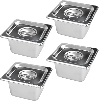 YAYODS 4Pcs Gastronorm Pan 1/6 with Lid 176x162x100mm Stainless Steel