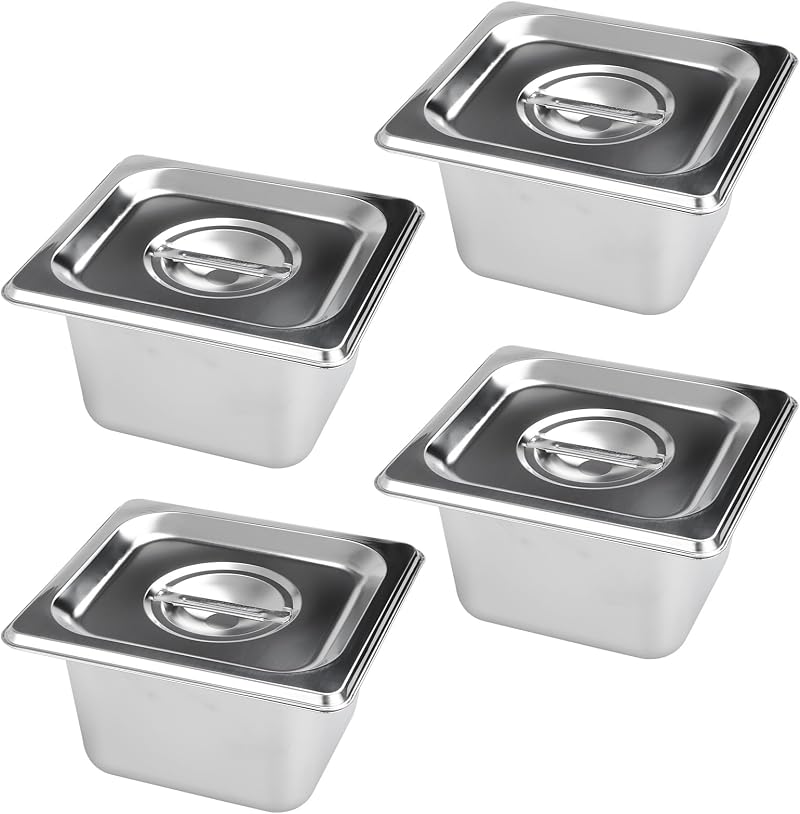 YAYODS 4Pcs Gastronorm Pan 1/6 with Lid 176x162x100mm Stainless Steel