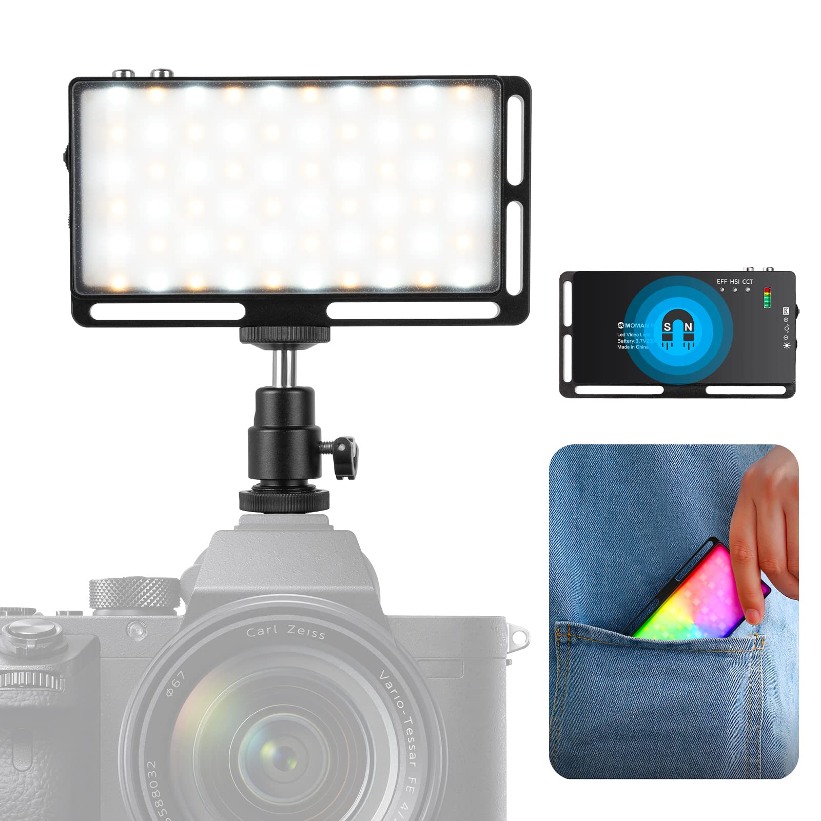 Moman Portable RGB Video Light Panel Continuous Output Lighting Mini On-Camera LED Dimmable 3000~6500K for Photography DSLR Camcorders