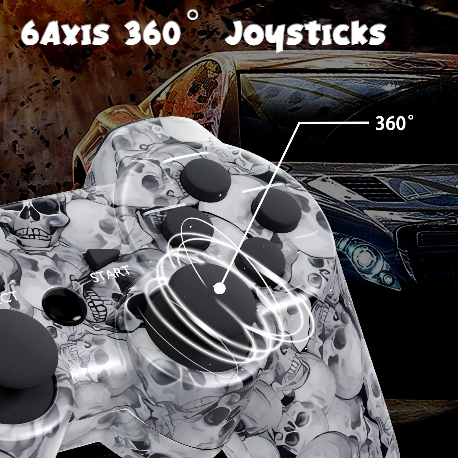 Controller for PS-3 Wireless, Gaming Remote Joystick for Play 3 with Charger Cable Cord (Black Ghost, White Skull)