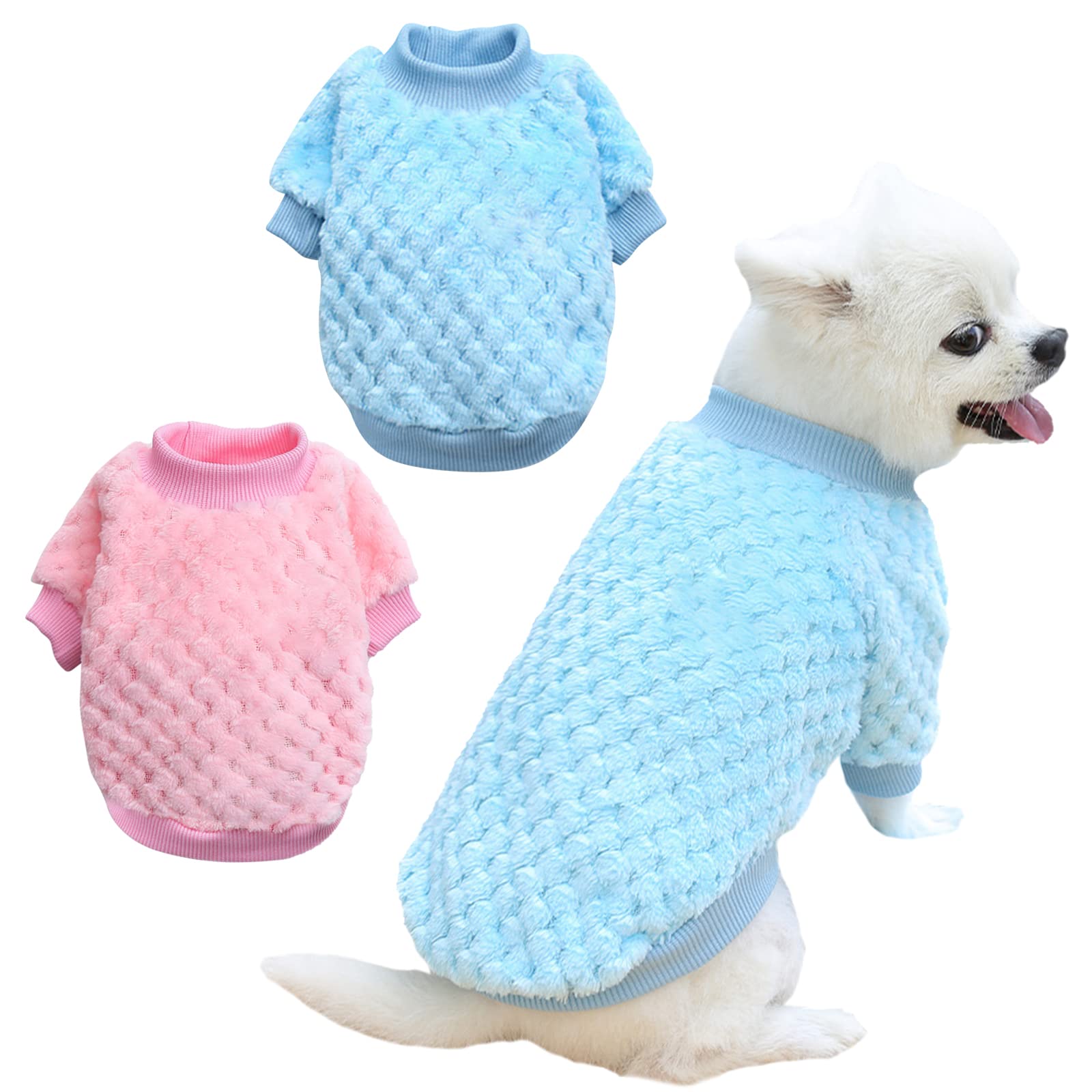 Kunyeah 2PCS Winter Warm Pet Sweater Soft Coral Fleece Pet Clothes Cat Outfit Cute Pullover for Small to Medium Pets (X-Large, Pink/Blue)