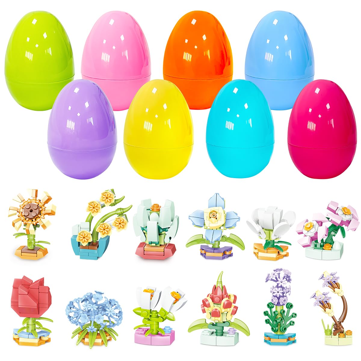 Photo 1 of PARSUP 12 Pack Easter Plastic Eggs with Flower Building Blocks for Easter Theme Party Favors, Supplies for Easter Egg Hunt, Basket Stuffers/Fillers, Classroom Prize Supplies Toddler Boys Girls