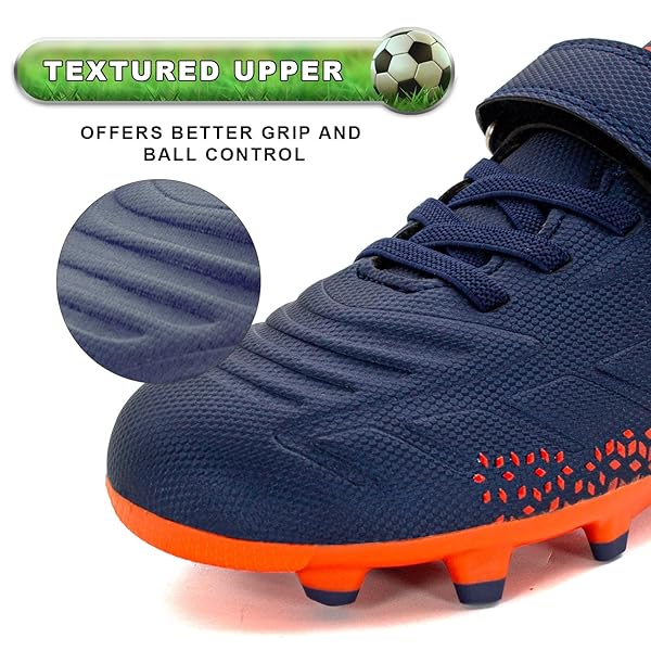 RUNIC KIDS SOCCER CLEATS FOR BOYS AND GIRLS – SMALL AND BIG KID ATHLETIC OUTDOOR FOOTBALL SHOES – FIRM GROUND – HOOK AND LOOP CLOSURE – NAVY/ORANGE – 9