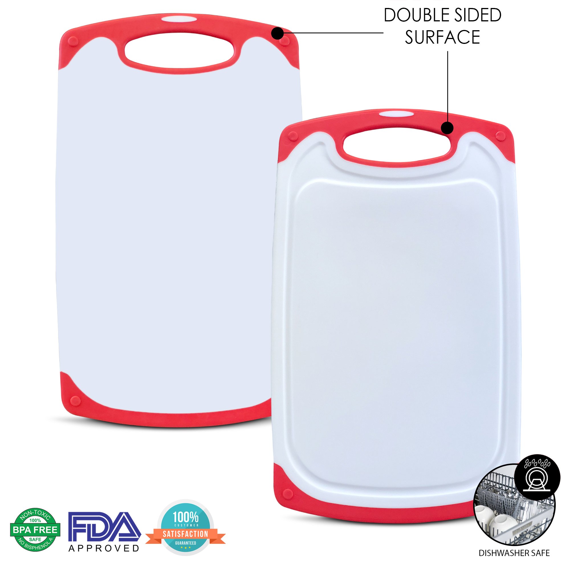 Raj Non-Slip Antibacterial Plastic Cutting Board, Deep Juice Groove, Dishwasher Safe, BPA Free, FDA Approved White and green (3 Pieces, White board with Red Ends)