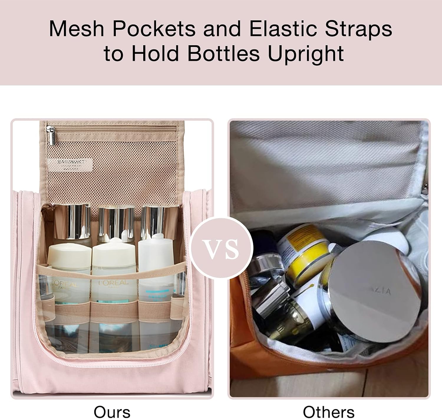 Hanging Toiletry Bag, BAGSMART Travel Toiletry Organizer with hanging hook, Water-resistant Cosmetic Makeup Bag Travel Organizer for Shampoo, Full Sized Container, Toiletries, Pink