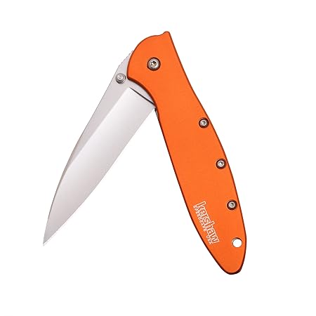 Kershaw Leek, Orange Pocket Knife (1660OR), 3â Bead-Blasted High-Performance Sandvik 14C28N Steel Blade, Orange Anodized Aluminum Handle, SpeedSafe Assisted Opening, Liner and Tip Lock Slider; 2.4 OZ