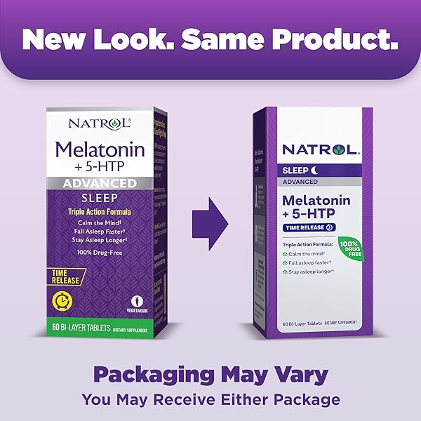 NATROL MELATONIN + 5-HTP TIME RELEASE SLEEP AID, TRIPLE ACTION FORMULA, CALM THE MIND, FALL ASLEEP FASTER AND STAY ASLEEP LONGER, 60 BI-LAYER TABLETS, UP TO A 60 DAY SUPPLY