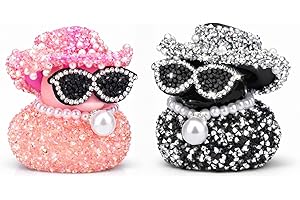 2pcs Rhinestone Rubber Duck Car Ornaments, Shiny Black & Pink Diamond Duck with Hat Necklace & Sunglasses Car Dashboard Acces