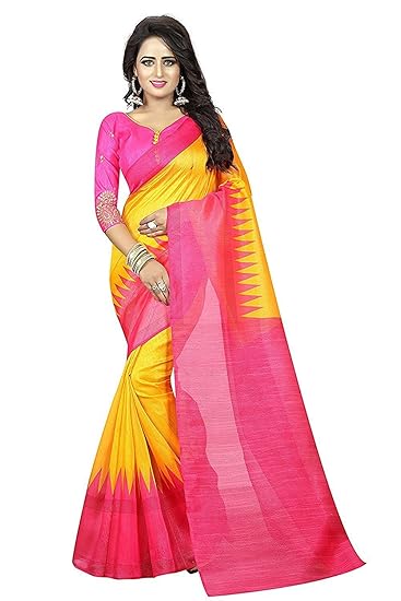 Navabi Export Womens Cotton Saree with Blouse Piece, Free Size (Pinkpallu_Yellow)
