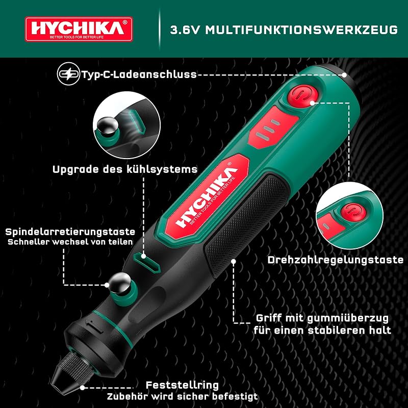 HYCHIKA 3,6V Akku Multifunktionswerkzeug Kit - 77-teiliges Zubehör für Bohren, Schleifen, Polieren, Gravieren，Mini Rotationswerkzeug mit regelbarer Geschwindigkeit und USB-C-Ladung.
