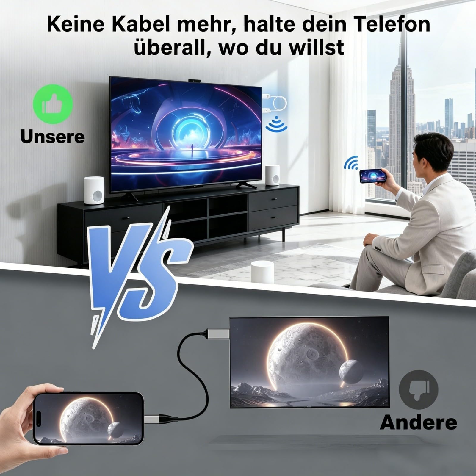 Wireless HDMI-Display-Adapter, 4K-Dekodierung 1080P@60Hz Bildschirmspiegelungskabel, Plug-and-Play ohne WLAN/App/Bluetooth, 5G AirPlay Miracast Dongle für iPhone Android PC auf TV Projektor Monitor 5